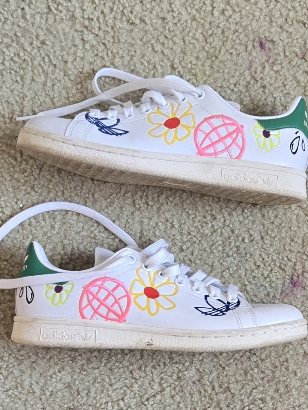 adidas Stan Smitg White Sneakers with Multicolor Floral Doodles - Picture 2 of 5